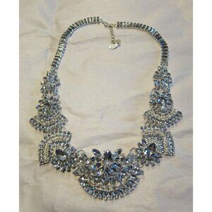 Jack E Ohs NYC Rhinestone Statement Necklace Silver Tone Floral Design Adjustabl